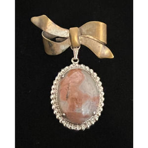 VTG Brooch Natural Stone Jasper ? Red & Grey Mixed Metals Silver Gold Tone